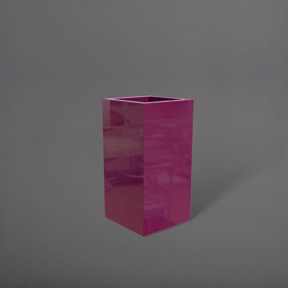 Hollywood Corner Fiberglass Planter in gloss eggplant against gray background.