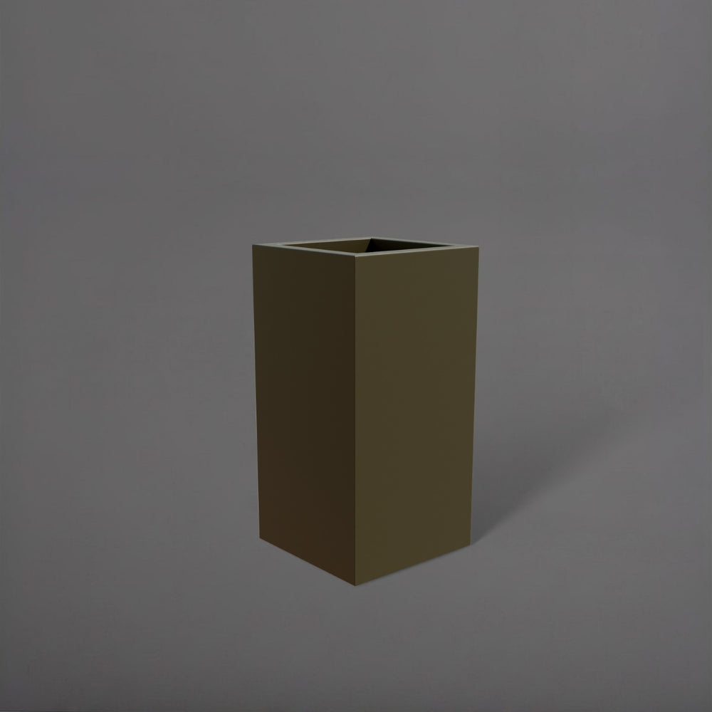 Hollywood Corner Fiberglass Planter in matte bronze against gray background.