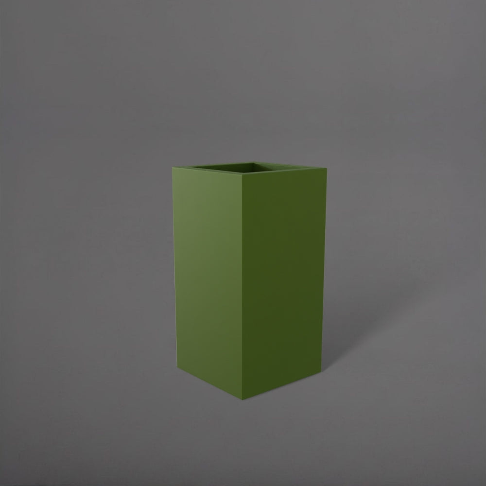 Hollywood Corner Fiberglass Planter in satin green against gray background.