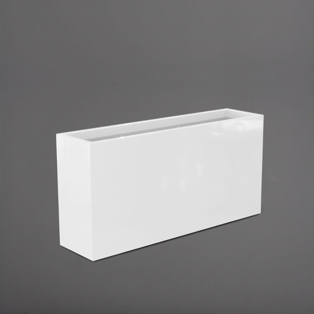 Hollywood Rectangle Fiberglass Planter in gloss bright white against gray background.