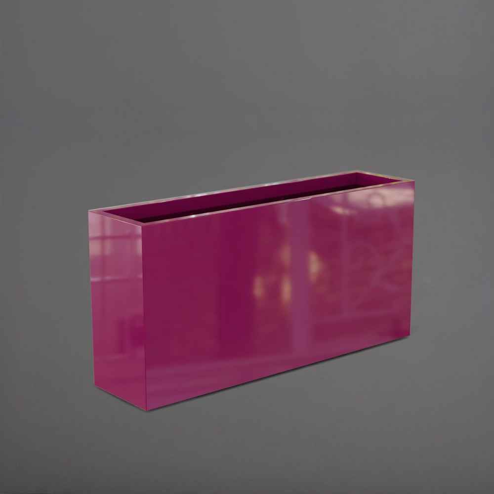 Hollywood Rectangle Fiberglass Planter in gloss eggplant against gray background.