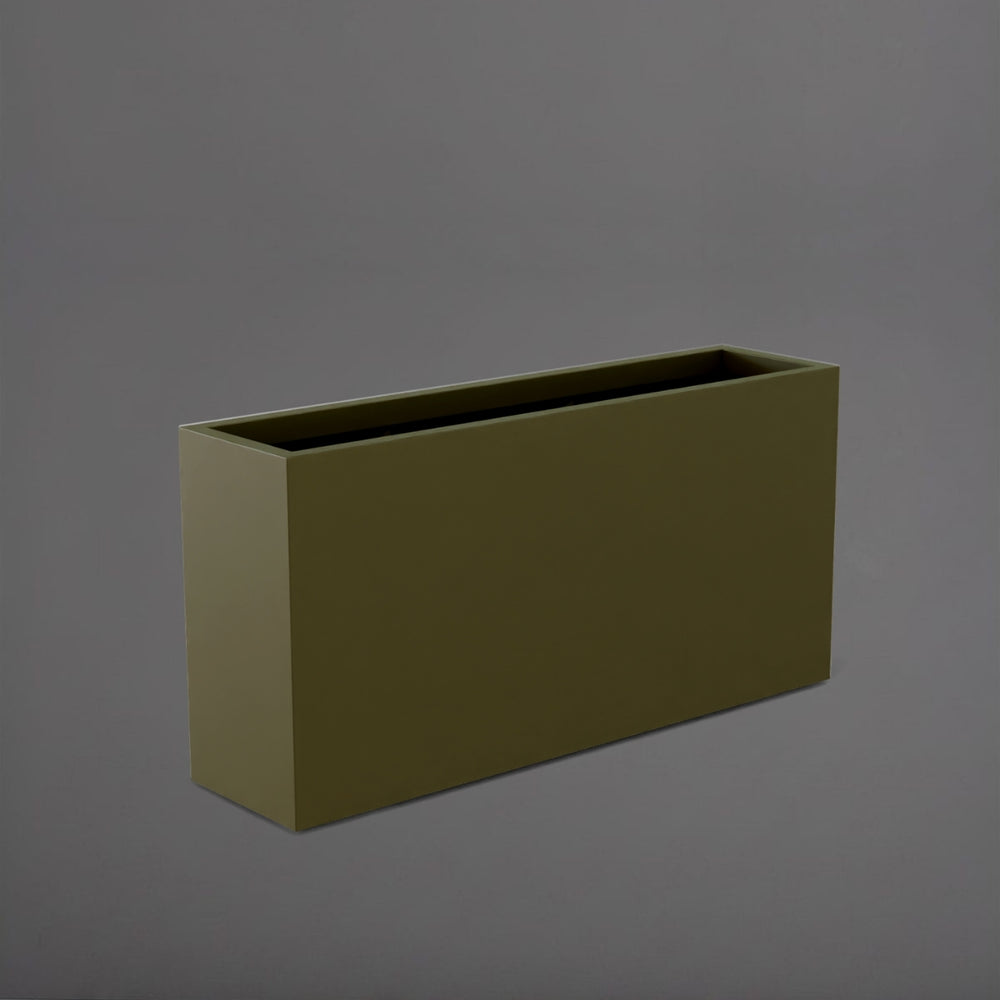 Hollywood Rectangle Fiberglass Planter in matte bronze against gray background