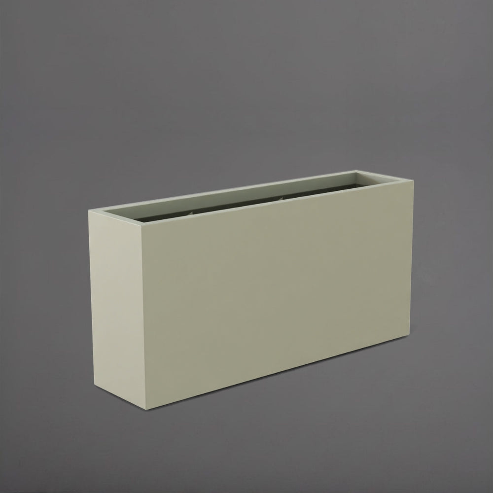 Hollywood Rectangle Fiberglass Planter in satin beige against gray background.