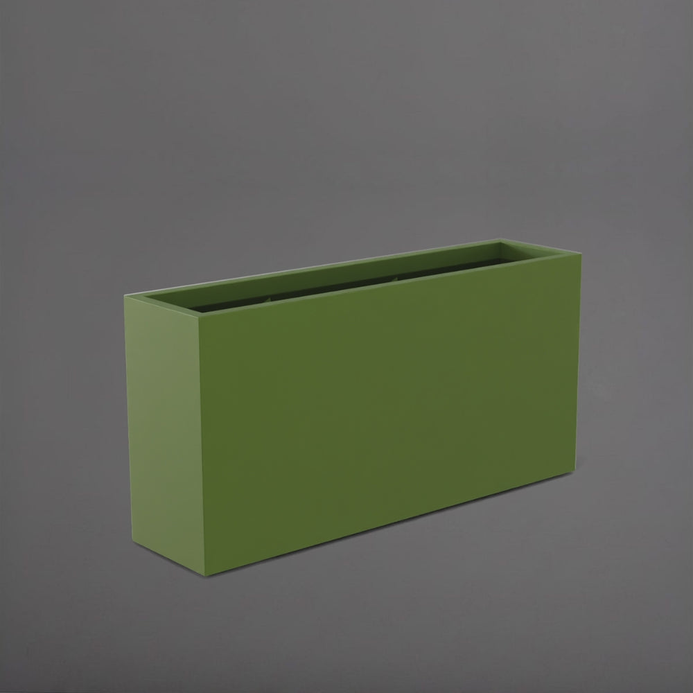 Hollywood Rectangle Fiberglass Planter in satin green against gray background.