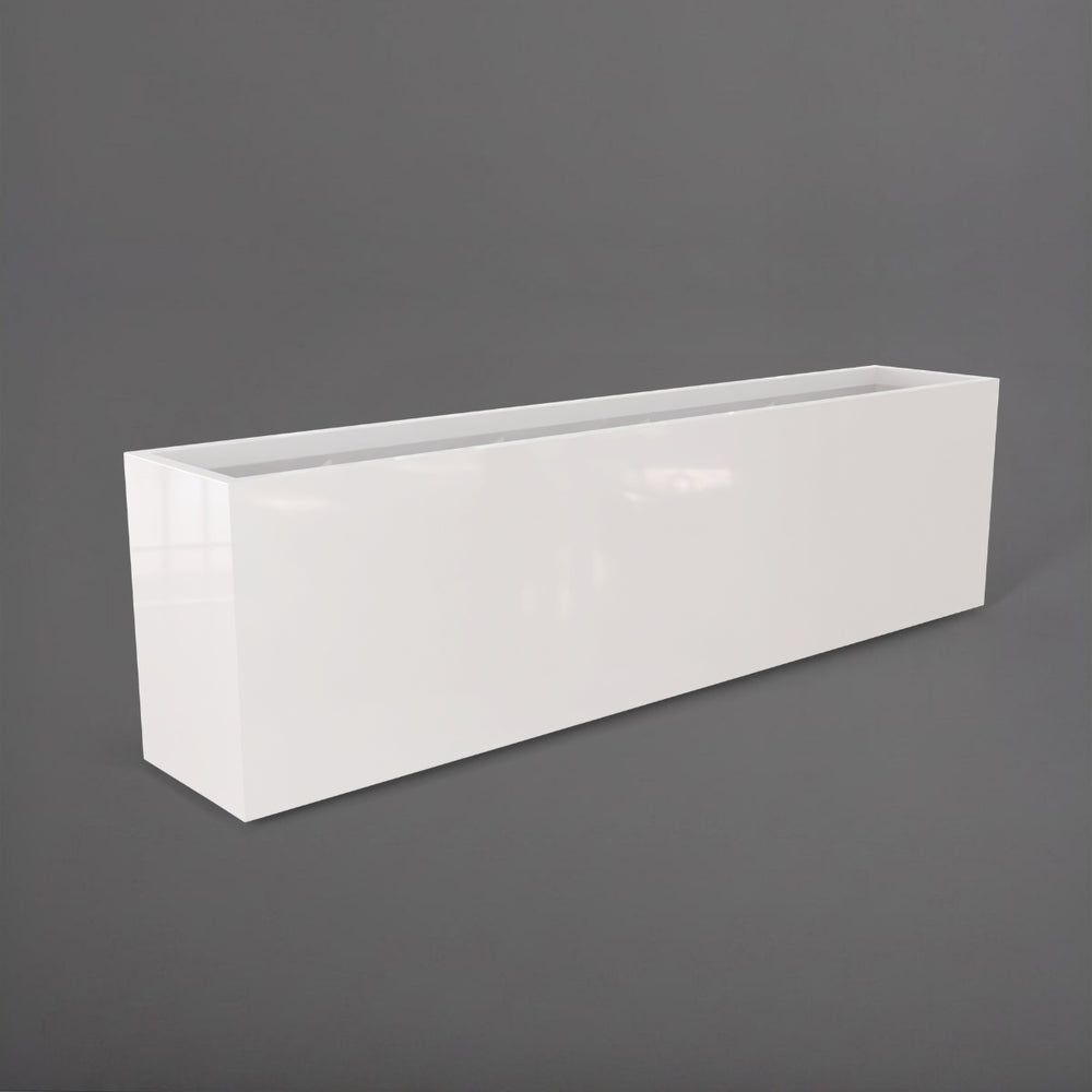 Hudson Extra Long Rectangle Fiberglass Planter in gloss bright white against gray background.