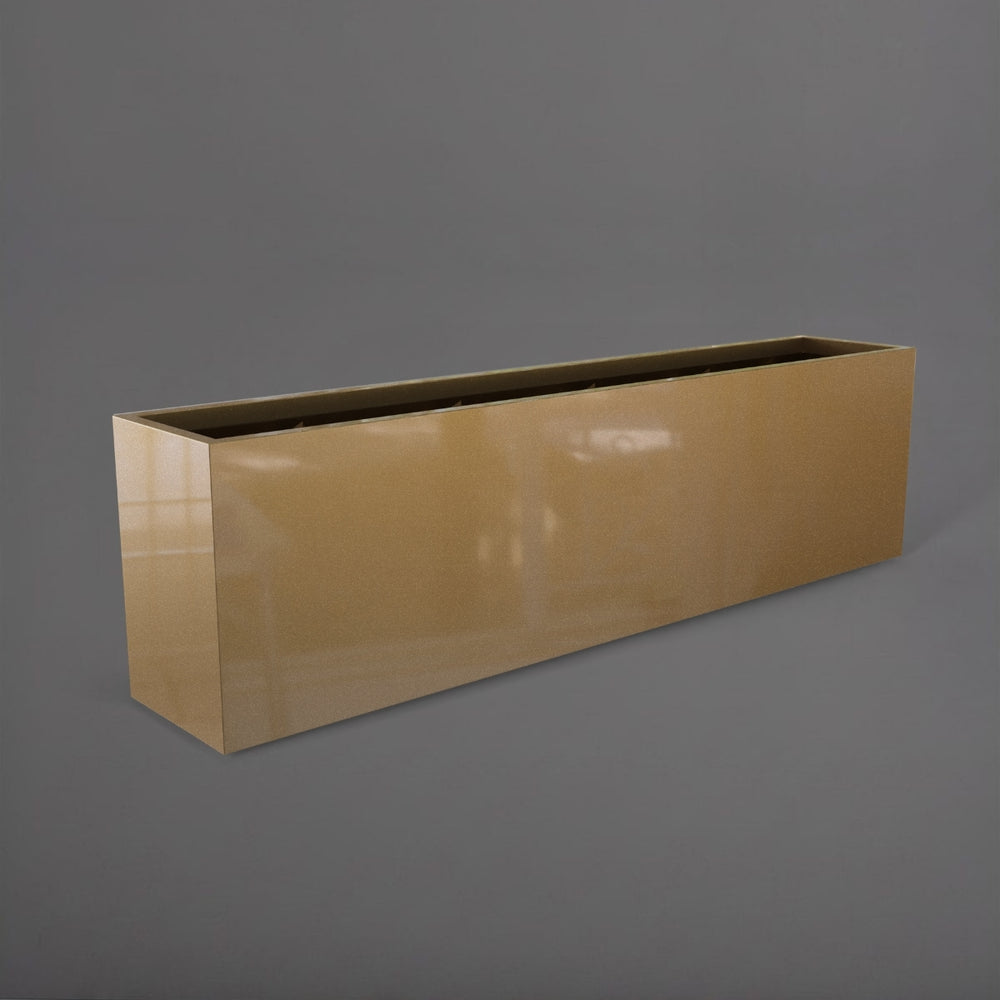 Hudson Extra Long Rectangle Fiberglass Planter in gloss metallic gold against gray background.