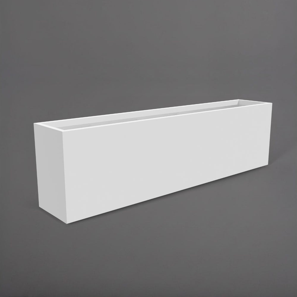 Hudson Extra Long Rectangle Fiberglass Planter in matte bright white against gray background.