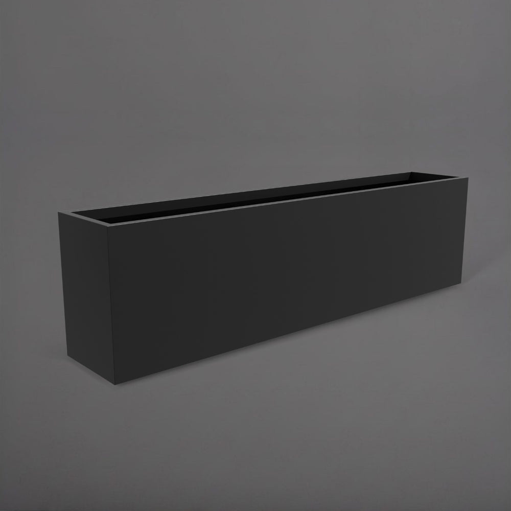 Hudson Extra Long Rectangle Fiberglass Planter in matte charcoal against gray background.
