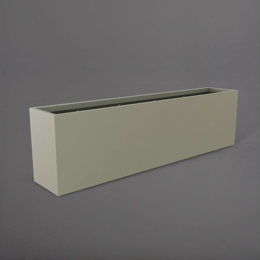 Hudson Extra Long Rectangle Fiberglass Planter in satin beige against gray background.