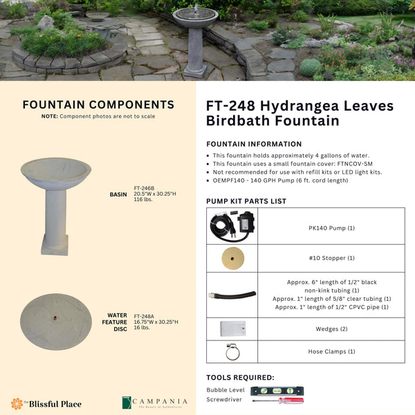 Info sheet for the Hydrangea Leaves Birdbath Fountain listing components, dimensions, weights, pump parts, and required tools.