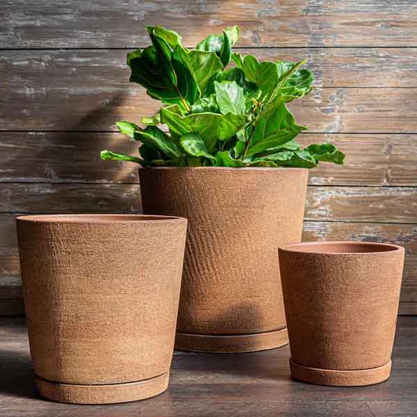 I/O Tapered Cylinder Planter - Clay - S/3 on the concrete filled with green leaves