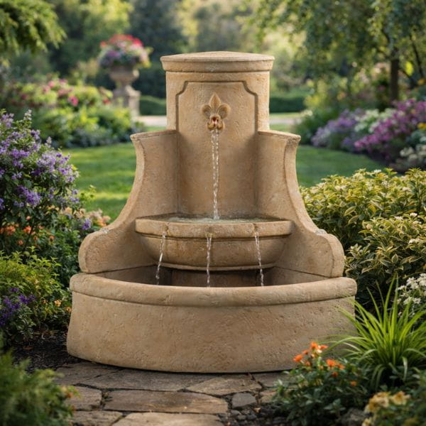 Iris Corner Wall Fountain with fleur-de-lis spout and wide basin in flower filled garden