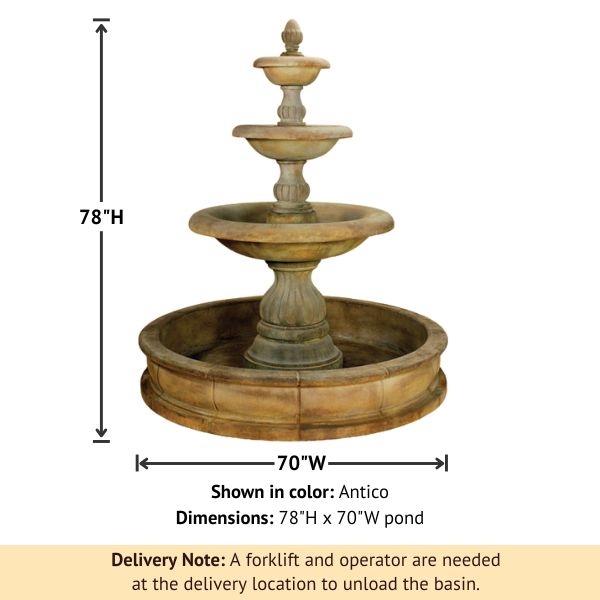 Isola Three Tier Pond Fountain against white background with product details.