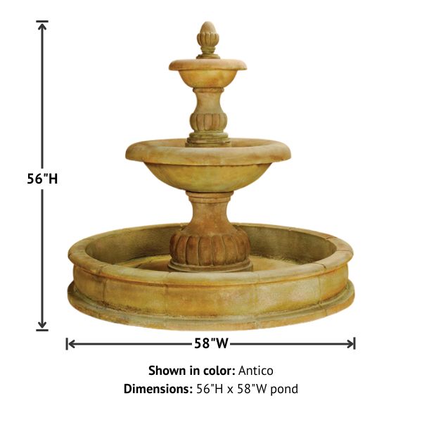 Isola Two Tier Pond Fountain against white background with product details.