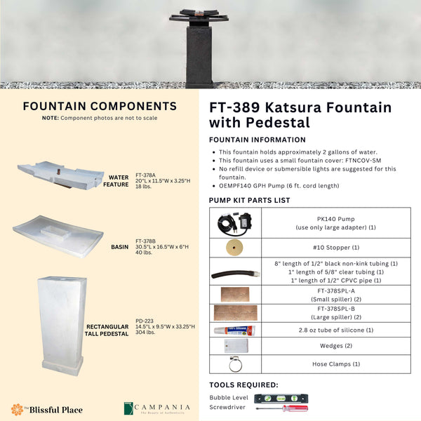 Complete overview of the Katsura Fountain with Pedestal with dimensions, weights, pump kit parts, tools, and general info.
