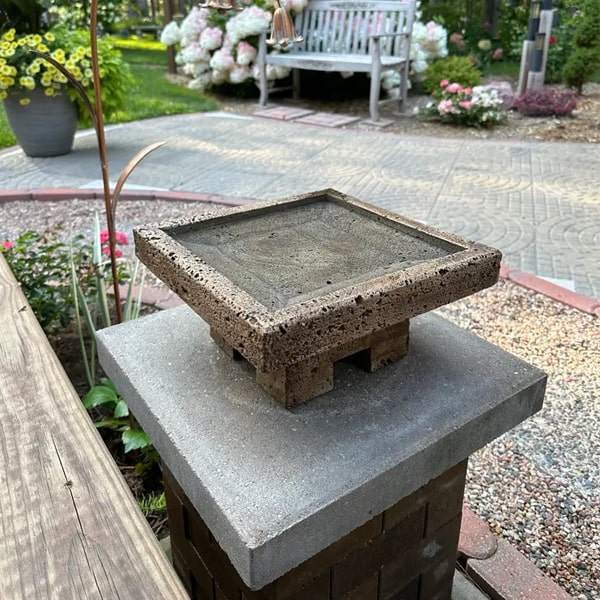 Kosei Birdbath on ledge in the backyard upclose