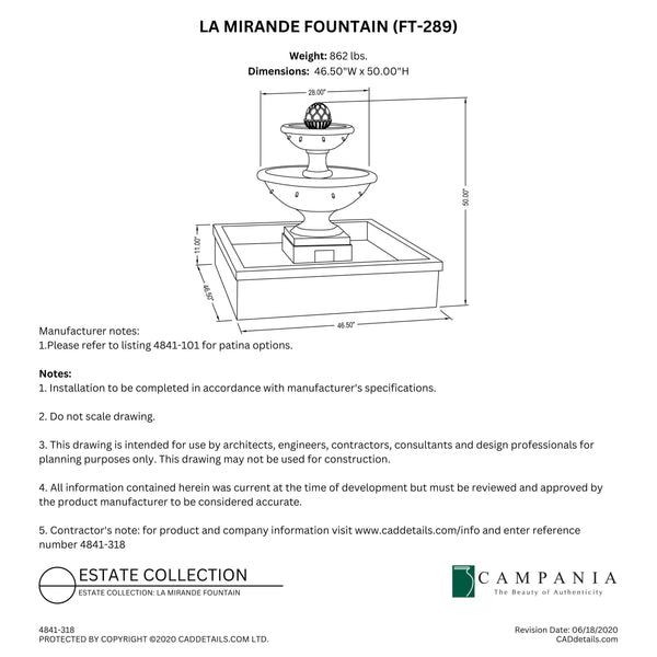 CAD drawing of the La Mirande Fountain with dimensions, weight, and manufacturer notes.