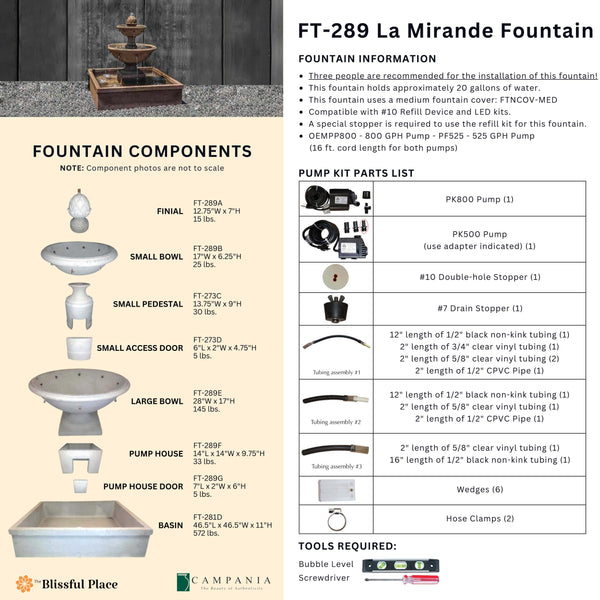 Complete overview of the La Mirande Fountain with dimensions, weights, pump kit parts, tools, and general info.