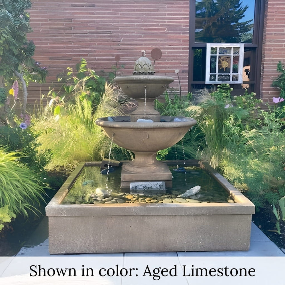 La Mirande Fountain running on patio in the garden oasis.