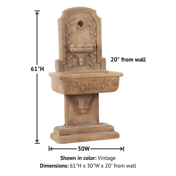 Lemon Lavabo Wall Fountain against white background with product details.