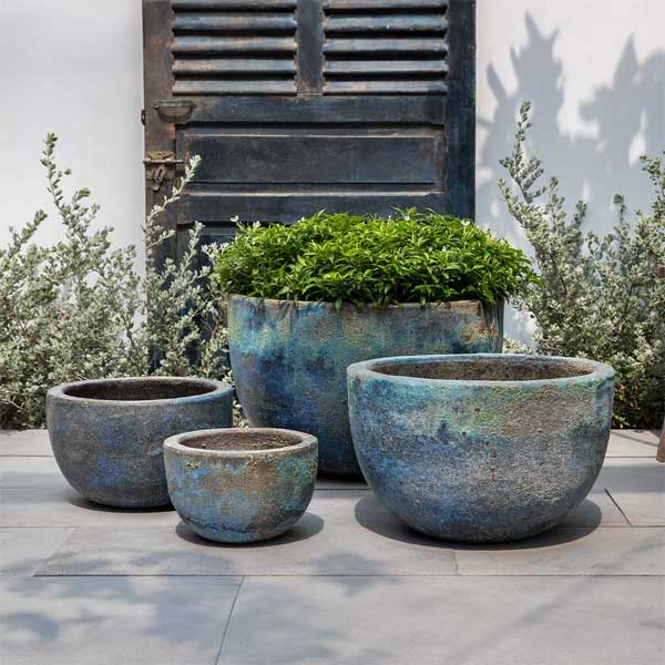 Lillet Bowl Planter - Blue Verdigris - S/4 on concrete filled with plants