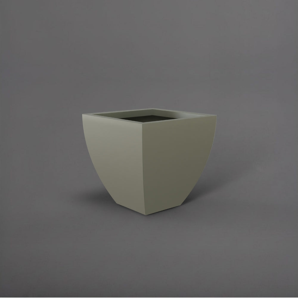 Lima Square Tapered Fiberglass Planter in satin beige against gray background.