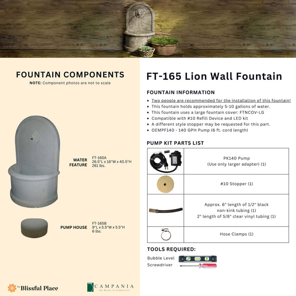 Complete overview of the Lion Wall Fountain with dimensions, weights, pump kit parts, tools, and general info.