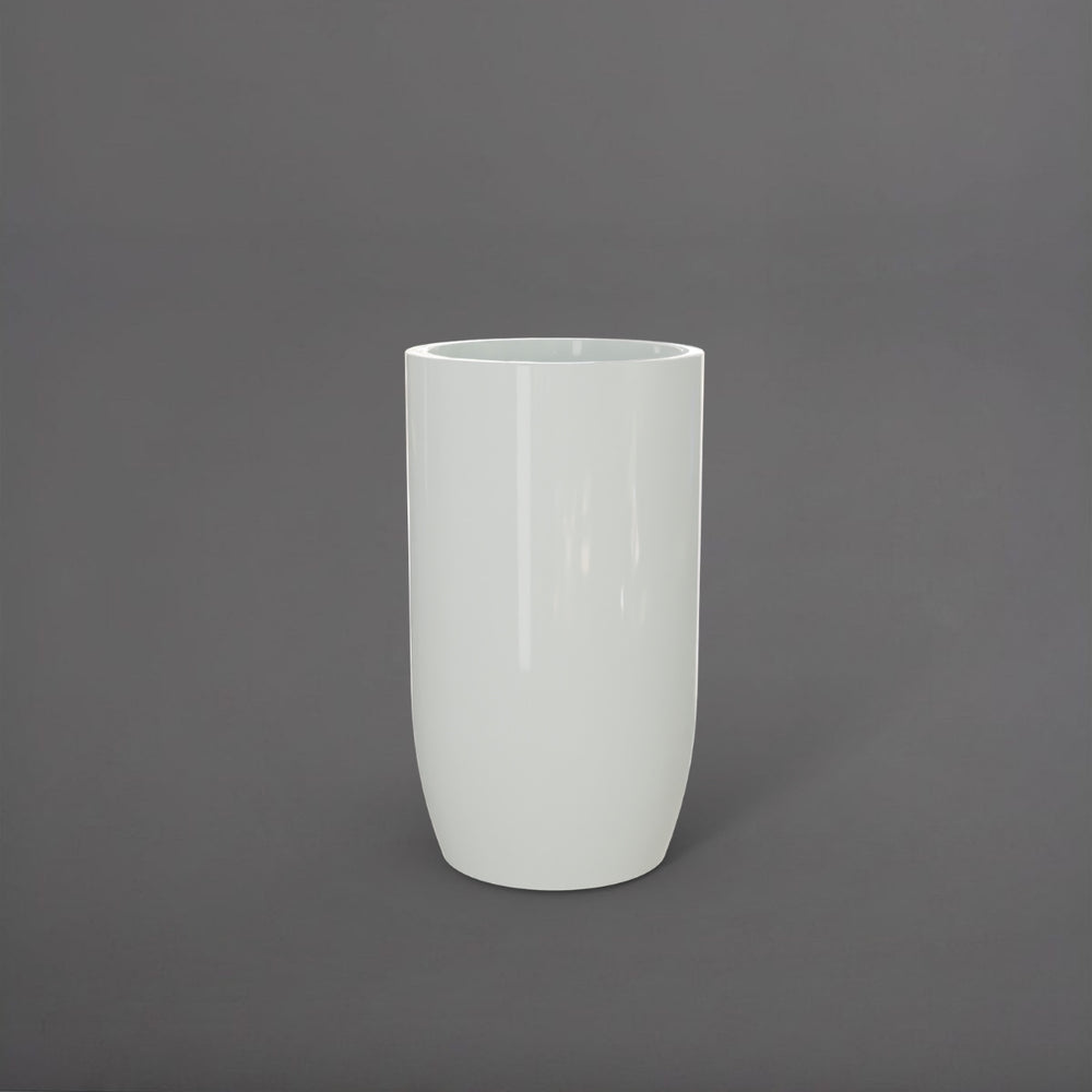 Lisbon Tall Round Tapered Fiberglass Planter in gloss bright white against gray background.
