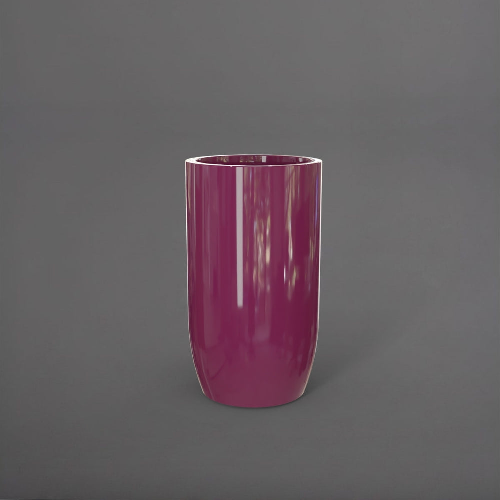 Lisbon Tall Round Tapered Fiberglass Planter in gloss eggplant against gray background.