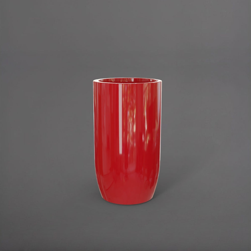 Lisbon Tall Round Tapered Fiberglass Planter in gloss red against gray background.