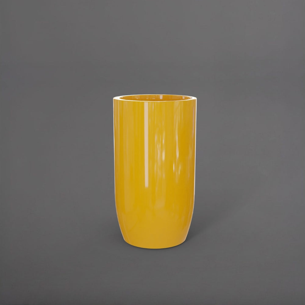 Lisbon Tall Round Tapered Fiberglass Planter in gloss saffron against gray background.