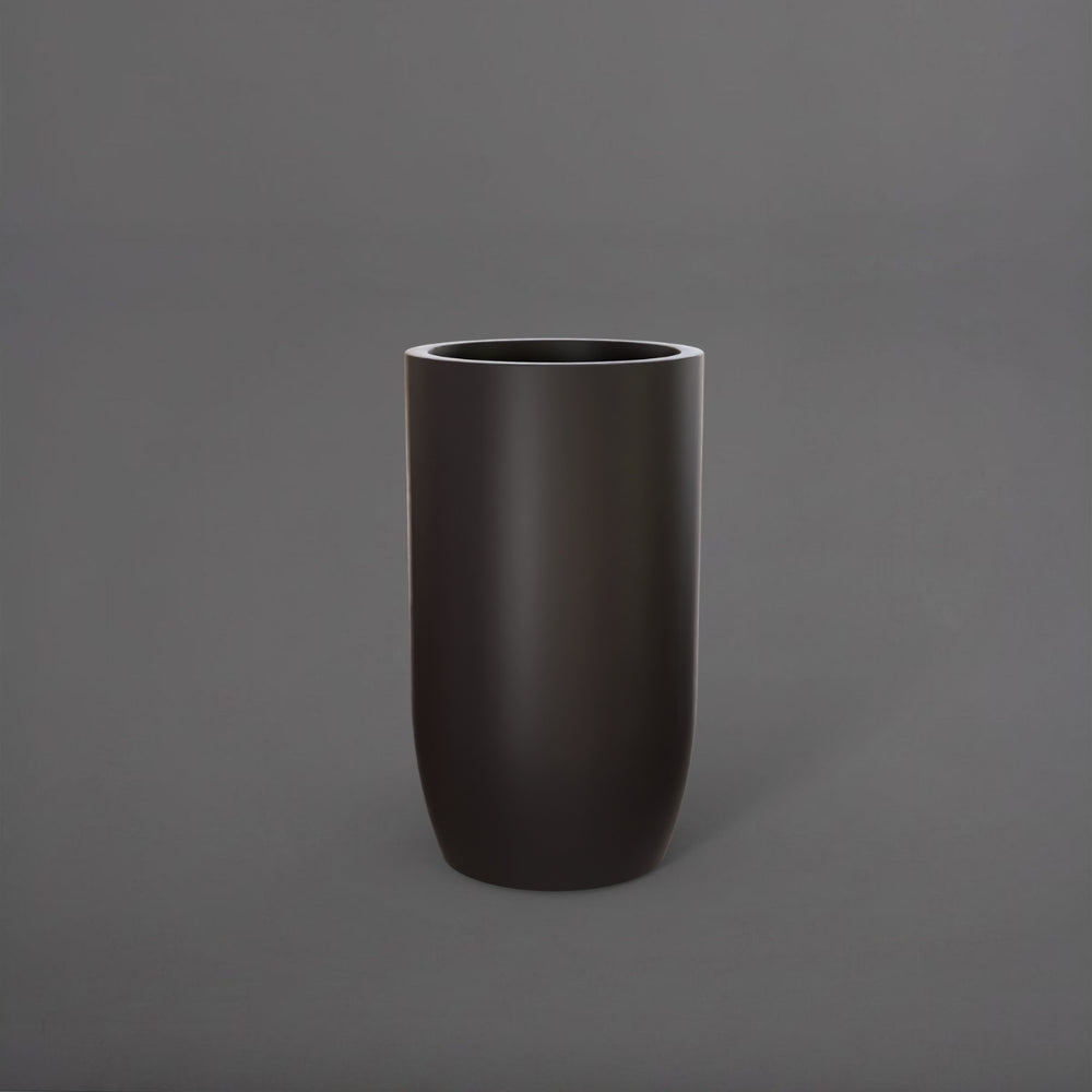 Lisbon Tall Round Tapered Fiberglass Planter in matte charcoal against gray background.