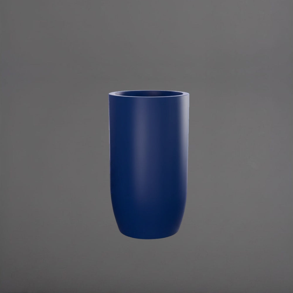 Lisbon Tall Round Tapered Fiberglass Planter in matte cobalt blue against gray background.