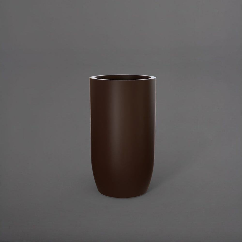Lisbon Tall Round Tapered Fiberglass Planter in matte dark brown against gray background.