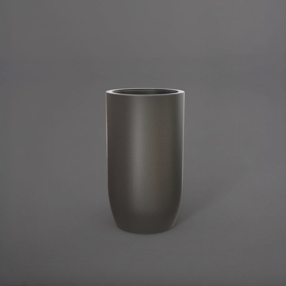 Lisbon Tall Round Tapered Fiberglass Planter in matte gunmetal against gray background.