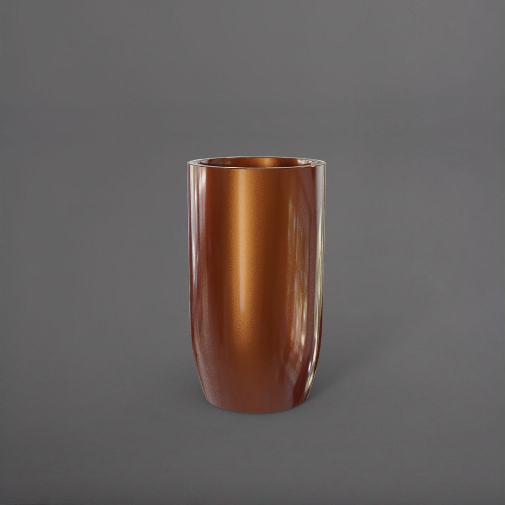 Lisbon Tall Round Tapered Fiberglass Planter in metallic bronze against gray background.