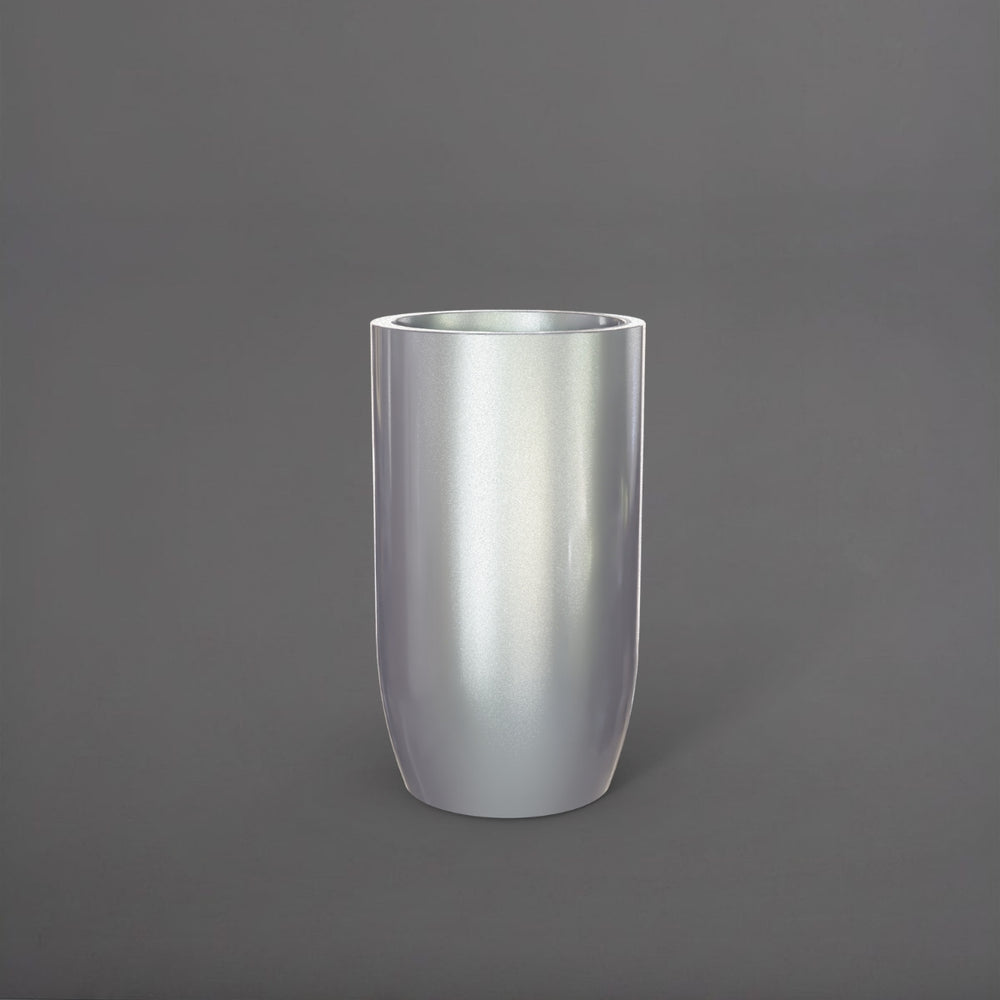 Lisbon Tall Round Tapered Fiberglass Planter in metallic silver against gray background.