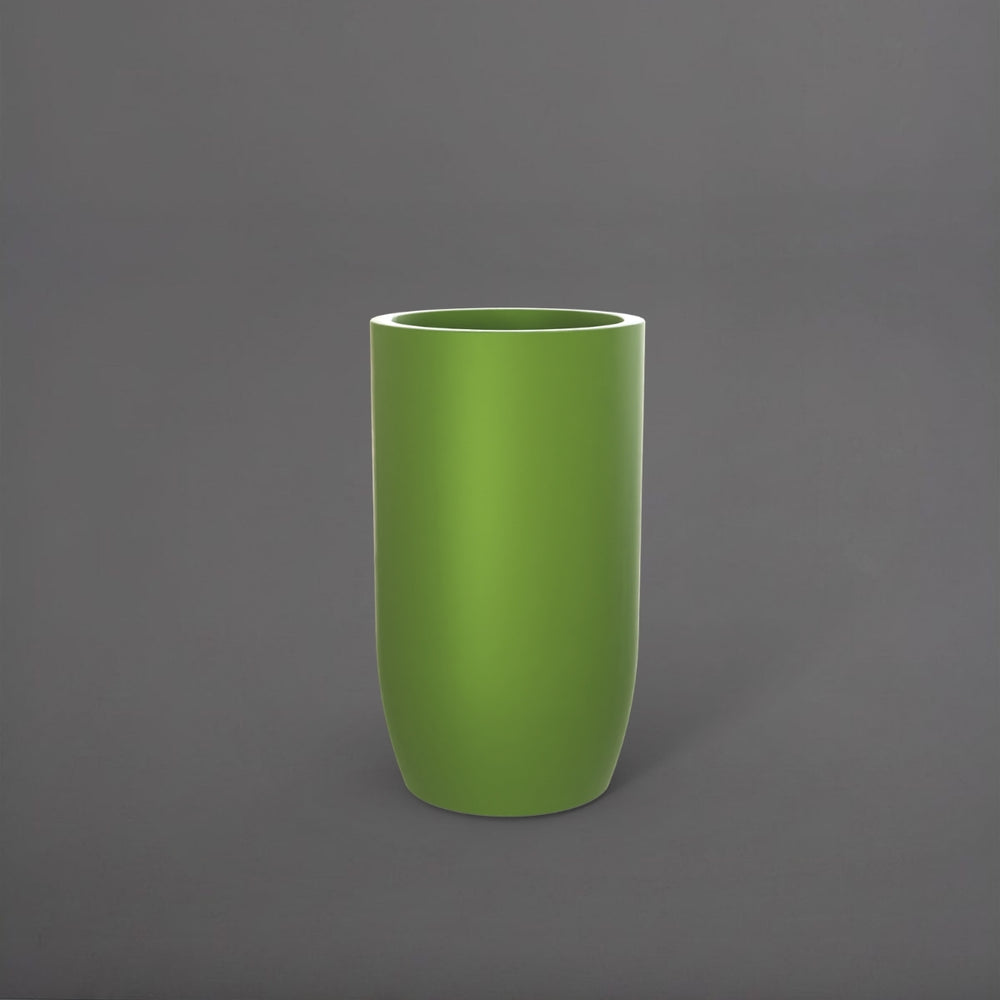 Lisbon Tall Round Tapered Fiberglass Planter in satin green against gray background.