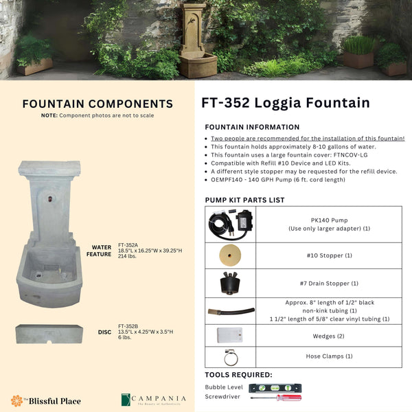 Complete overview of the Loggia Fountain with dimensions, weights, pump kit parts, tools, and general info.