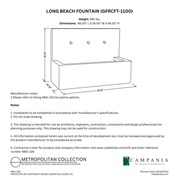 CAD drawing of the Long Beach Fountain with dimensions, weight, and manufacturer notes.