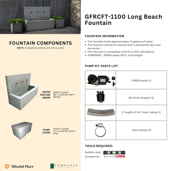 Complete overview of the Long Beach Fountain with dimensions, weights, pump kit parts, tools, and general info.