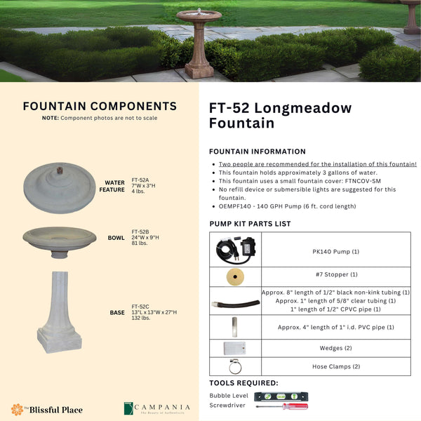 Complete overview of the Longmeadow Fountain with dimensions, weights, pump kit parts, tools, and general info.
