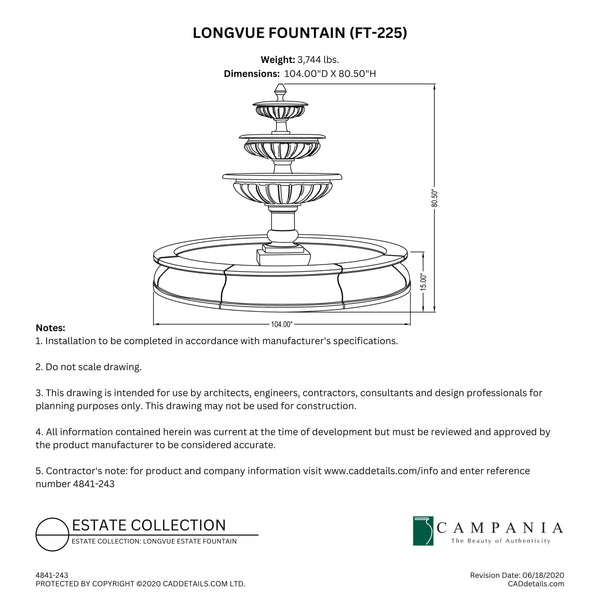 CAD drawing of the Longvue Fountain with dimensions, weight, and manufacturer notes.
