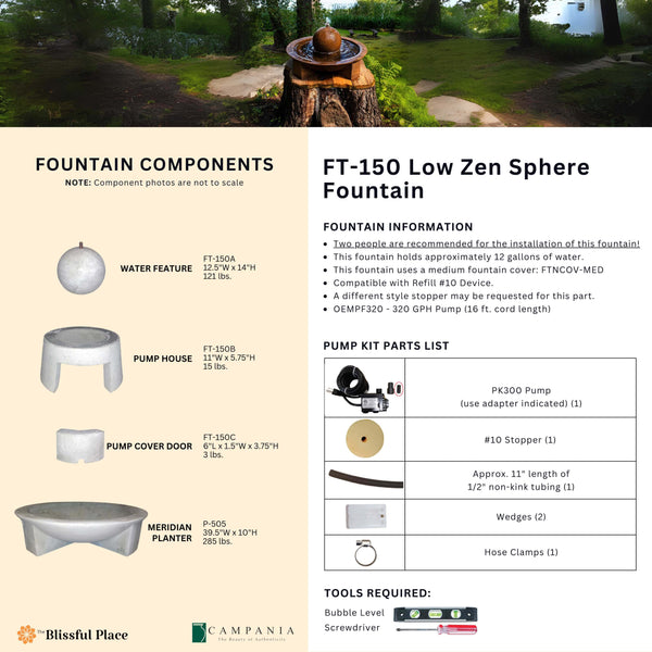 Complete overview of the Low Zen Sphere Fountain with dimensions, weights, pump kit parts, tools, and general info.