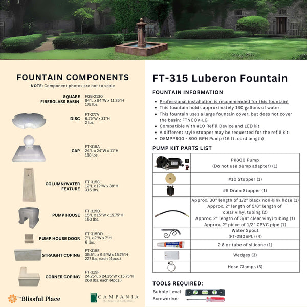 Complete overview of the Luberon Fountain with dimensions, weights, pump kit parts, tools, and general info.