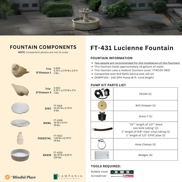 Complete overview of the Lucienne Fountain with dimensions, weights, pump kit parts, tools, and general info.