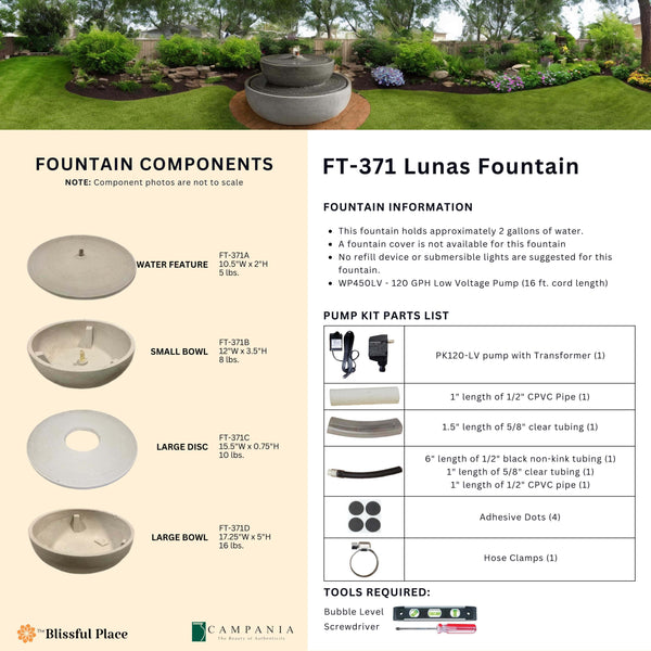 Complete overview of the Lunas Fountain with dimensions, weights, pump kit parts, tools, and general info.