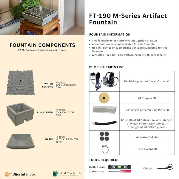 Complete overview of the M-Series Artifact Fountain with dimensions, weights, pump kit parts, tools, and general info.