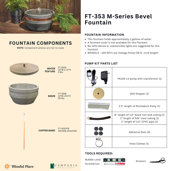 Complete overview of the M-Series Bevel Fountain with dimensions, weights, pump kit parts, tools, and general info.