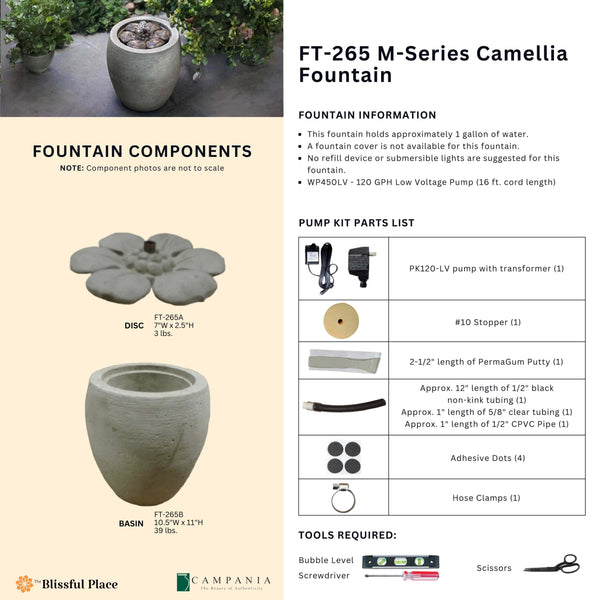 Complete overview of the M-Series Camellia Fountain with dimensions, weights, pump kit parts, tools, and general info.